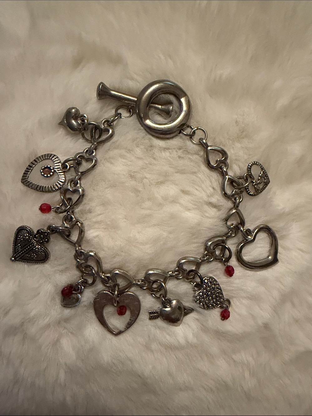 Silver Heart Charm Bracelet with Red Accents